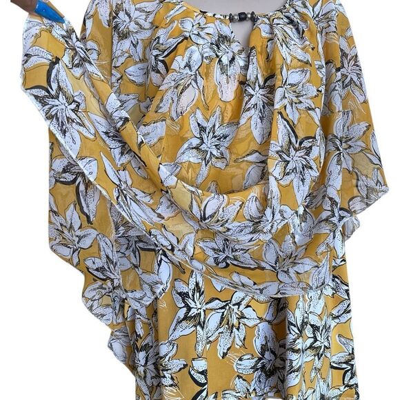 Notations Yellow /black floral Flutter Sleeve Tunic 2 Layers Sheer Sz3X beads - Picture 3 of 6